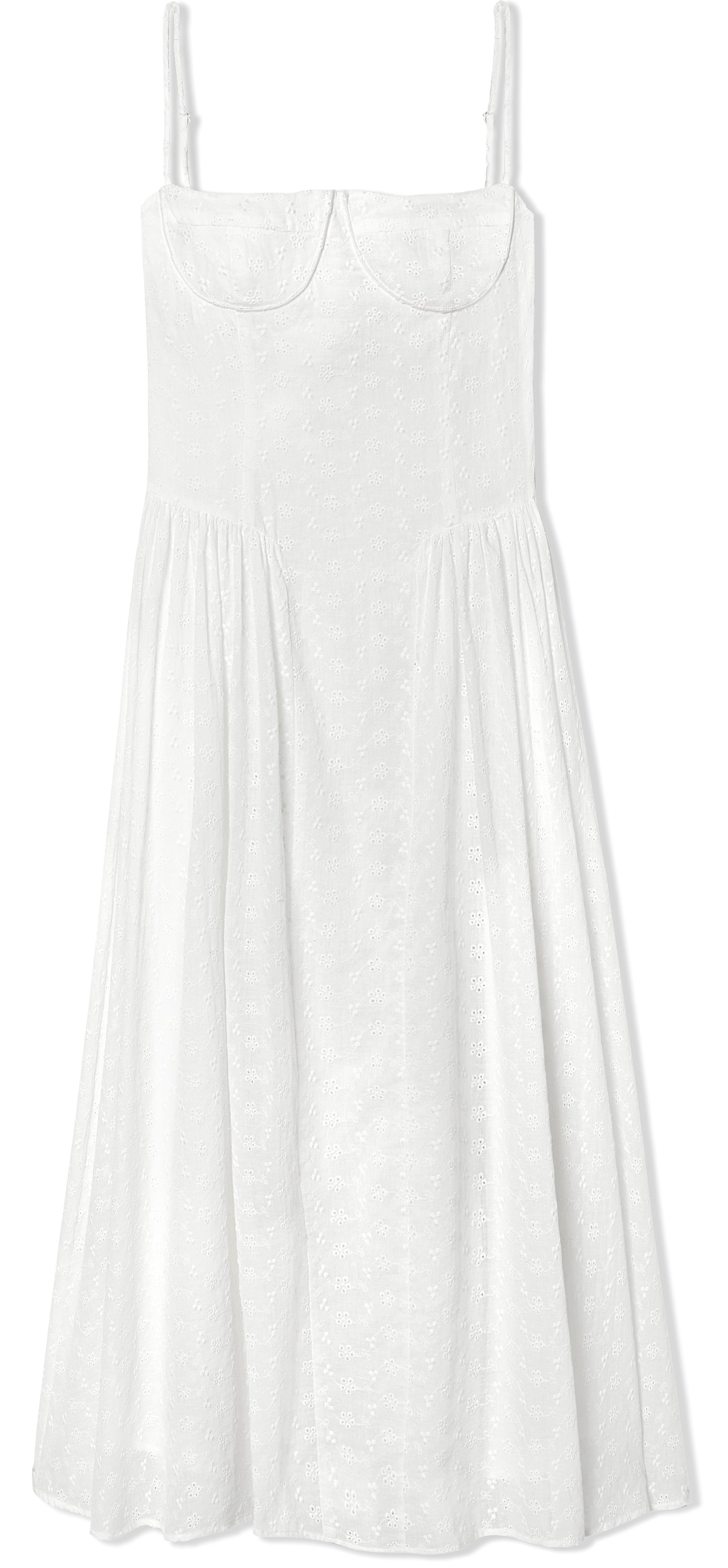 White eyelet dress with breathable fabric, it's fitted through the bodice to cinch the waist and has a sweetheart neckline with underwired cups. The barely-there straps adjust for the perfect fit and we love how the gathering adds pretty volume to the midi skirt giving you the perfect twirl. Fully lined for comfort with a back zip for easy-on.