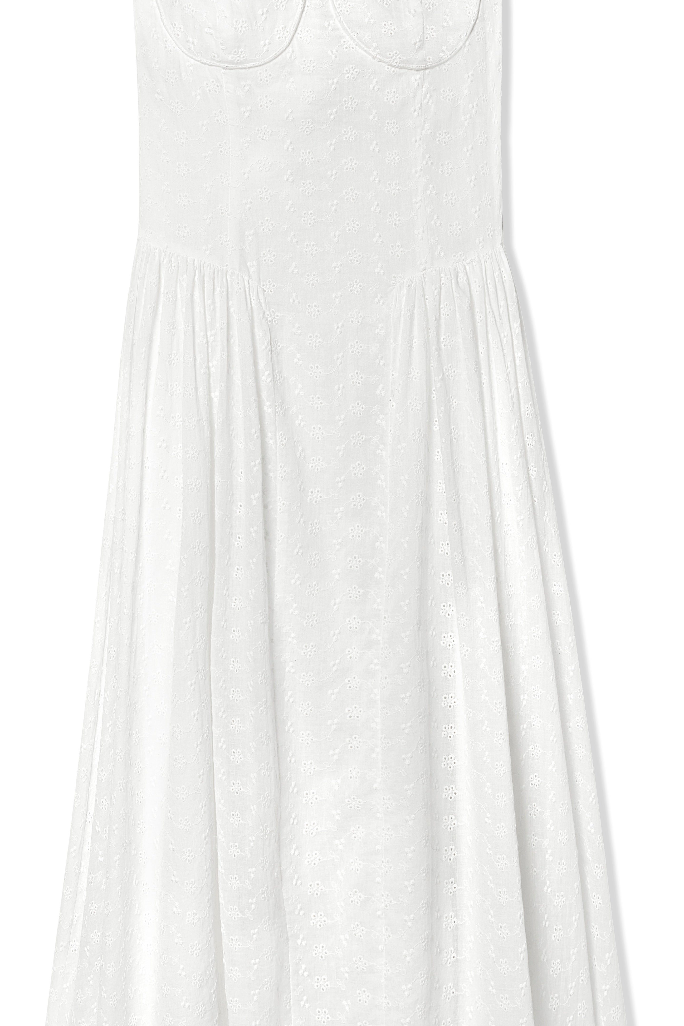White eyelet dress with breathable fabric, it's fitted through the bodice to cinch the waist and has a sweetheart neckline with underwired cups. The barely-there straps adjust for the perfect fit and we love how the gathering adds pretty volume to the midi skirt giving you the perfect twirl. Fully lined for comfort with a back zip for easy-on.
