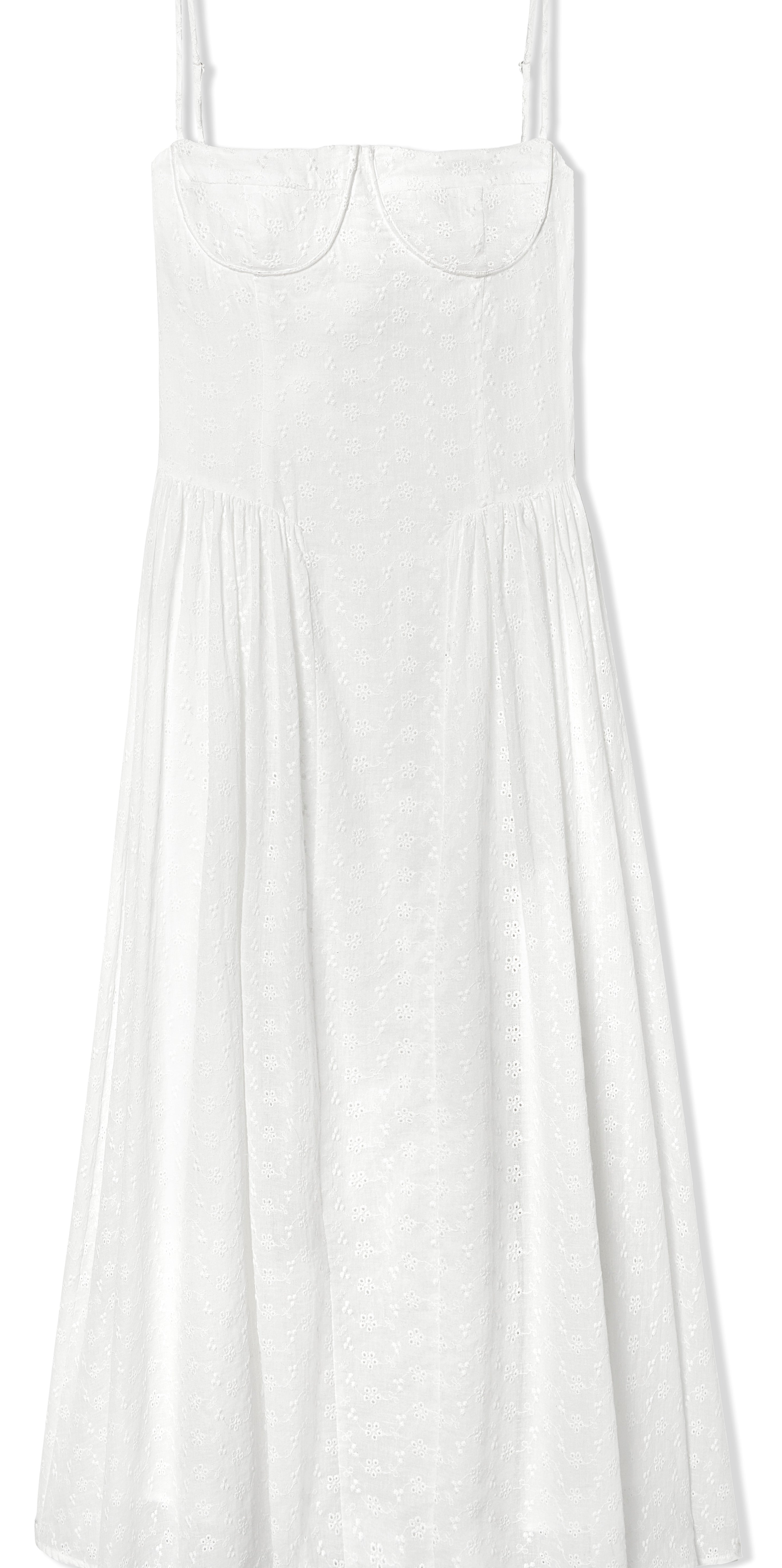 White eyelet dress with breathable fabric, it's fitted through the bodice to cinch the waist and has a sweetheart neckline with underwired cups. The barely-there straps adjust for the perfect fit and we love how the gathering adds pretty volume to the midi skirt giving you the perfect twirl. Fully lined for comfort with a back zip for easy-on.