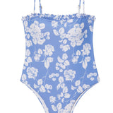 Women's blue and white floral one-piece swimsuit with spaghetti straps. Designed for summer, bachelorette, bridal, honeymoon and beach. Purchase at SISTER NY