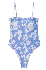 Women's blue and white floral one-piece swimsuit with spaghetti straps. Designed for summer, bachelorette, bridal, honeymoon and beach. Purchase at SISTER NY